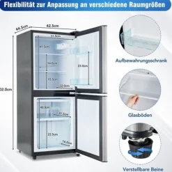 106L minikøleskab, 60L køleskab + 46L fryser, 7 temperaturer, sølvdør, LED-lys, justerbare hylder, 166 kWh/år Hot