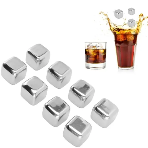 Metal Whisky Iskuber Livsmedelsklass 304 Rostfritt Stål Säker Giftfri Vit Använda Whiskeystenar för Whiskydryck 8 kuber med istång Discount
