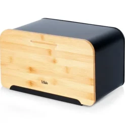 Metalbrødkasse med bambusbræt, sort, 35x22x20,5 cm Discount