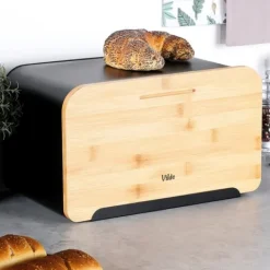 Metalbrødkasse med bambusbræt, sort, 35x22x20,5 cm Discount
