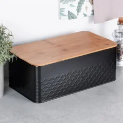 Brødkasser & Brødposer>Metalbrødkasse med træplade, sort, 33,5x18,5x12,5 cm