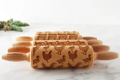 MoodForWood Trækagerulle 25 cm med Håndtag, Sæt med 4, Graveret, Perfekt til Bagning - Mønster med Bondegårdsdyr New