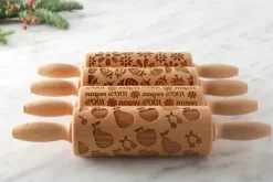 MoodForWood Trækagerulle 25 cm med Håndtag, Sæt med 4, Graveret, Perfekt til Bagning - Vegansk Sætmønster Clearance