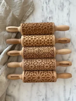 MoodForWood Trækagerulle 25 cm med håndtag, sæt med 5, graveret, perfekt til bagning - mosaikmønster Hot