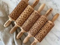 MoodForWood Trækagerulle 25 cm med håndtag, sæt med 5, graveret, perfekt til bagning - mosaikmønster Hot