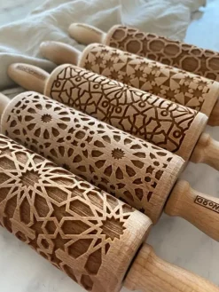 MoodForWood Trækagerulle 25 cm med håndtag, sæt med 5, graveret, perfekt til bagning - mosaikmønster Hot