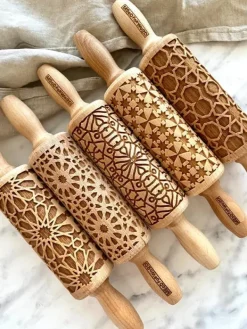 MoodForWood Trækagerulle 25 cm med håndtag, sæt med 5, graveret, perfekt til bagning - mosaikmønster Hot
