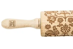 MoodForWood Trækagerulle, Graveret, 43 cm med Håndtag, Perfekt til Bagning - Folkelig Hane Mønster Online