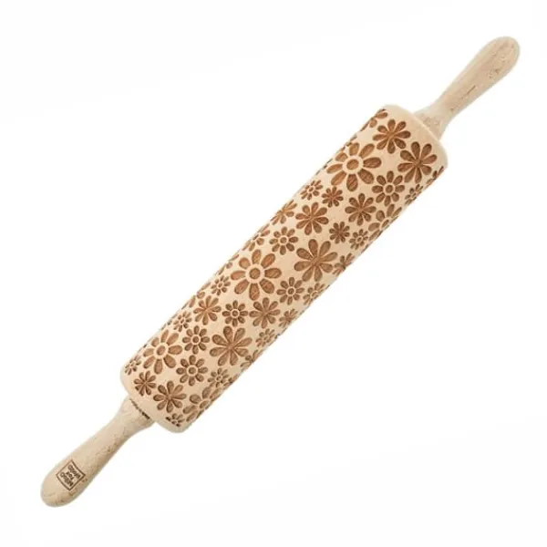 Kageruller>MoodForWood Trækagerulle, Graveret, 43 cm med Håndtag, Perfekt til Bagning - Flower Power Blomster Mønster