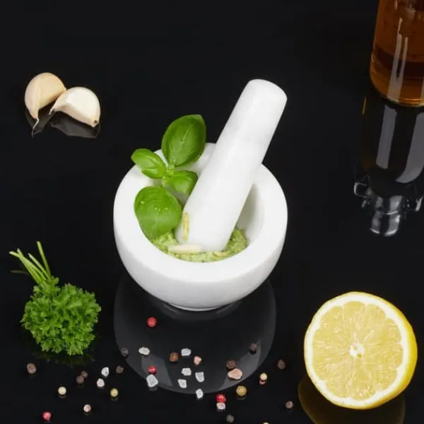 Morter og støder, 6x10 cm, Hvid, Marmor Discount