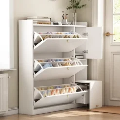 Tøj- & Garderobeopbevaring>Multifunktionelt skoskab 119x24x122 cm - med 3 foldeskuffer - med foldebænk - med dør - hvid