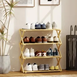 Tøj- & Garderobeopbevaring>Natorleg Bambus Skoreol med 4 Niveauer - Klar til brug Foldbar Skohylde til Entré - 60 x 29 x 67 cm, Naturfarvet