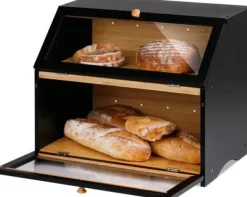 Brødkasser & Brødposer>OBOSOE dobbelt træbrødkasse til køkkenbord - stor brødopbevaring i to niveauer med rummeligt design