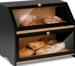 Brødkasser & Brødposer>OBOSOE dobbelt træbrødkasse til køkkenbord - stor brødopbevaring i to niveauer med rummeligt design