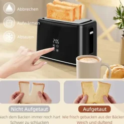 OBOSOE kedel- og brødristersæt – 1,5 l kedel og 2 toastskiver, 2200 W, 7 risteniveauer, optøning, genopvarmning, krummebakke, sort New