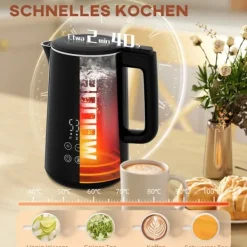 OBOSOE kedel- og brødristersæt – 1,5 l kedel og 2 toastskiver, 2200 W, 7 risteniveauer, optøning, genopvarmning, krummebakke, sort New