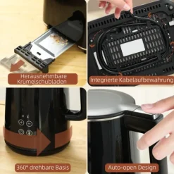 OBOSOE kedel- og brødristersæt – 1,5 l kedel og 2 toastskiver, 2200 W, 7 risteniveauer, optøning, genopvarmning, krummebakke, sort New