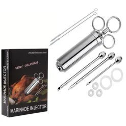 Jerky Pistol>OBOSOE marinadesprøjte i rustfrit stål – Kødspyd med 3 nåle til grill, grill, bøf og marinade