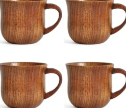 OBOSOE 4-pak trækrus med håndtag – 150 ml naturlige tjørntræ drikkekopper Clearance