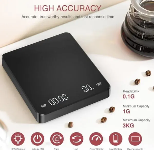 Køkkenvægte>OBOSOE USB-genopladelig digital kaffevægt med høj præcision og timer – til espresso, pour-over og hjemmebagning