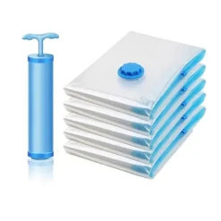 Opbevaringsposer Til Hjemmet>OBOSOE Vakuumposer 5 stk med Vakuumpumpe – 70x50 cm Opbevaring til Tøj, Dyner & Tæpper