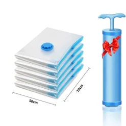 Opbevaringsposer Til Hjemmet>OBOSOE Vakuumposer 5 stk med Vakuumpumpe – 70x50 cm Opbevaring til Tøj, Dyner & Tæpper