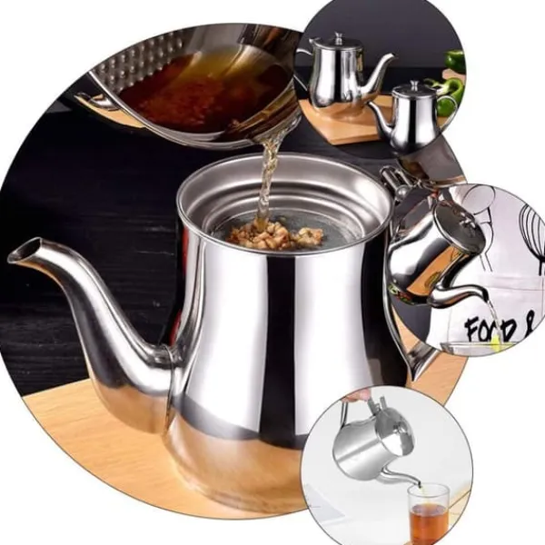 Olie- & Eddikebeholdere>Olivenoliedispenser i rustfrit stål med filterskærm og støvtæt låg