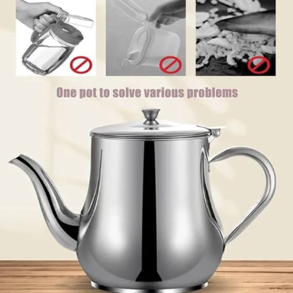 Olie- & Eddikebeholdere>Olivenoliedispenser i rustfrit stål med filterskærm og støvtæt låg