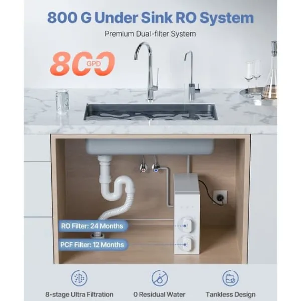 Vandfiltre>Omvendt Osmose System 800 GPD, 8-Trins Tankløs Vandfilter Under Vask, Høj Flow Rate