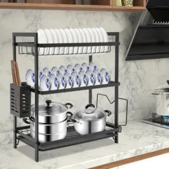 Opvaskestativ til køkken - 3-etagers opvaskestativ - Jern - Drypbakke - Bestikholder - Fritstående - Sort Sale