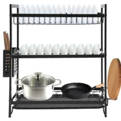 Opvaskestativ til køkken - 3-etagers opvaskestativ - Jern - Drypbakke - Bestikholder - Fritstående - Sort Sale