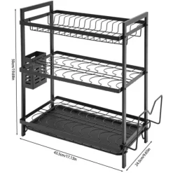 Opvaskestativ til køkken - 3-etagers opvaskestativ - Jern - Drypbakke - Bestikholder - Fritstående - Sort Sale