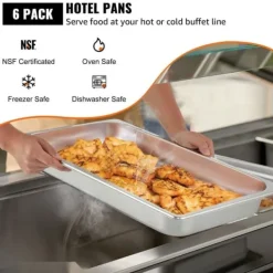 6-pak dampbordsgryder, 20,9 x 12,8 x 2,6 tommer. Stort 8,5L rustfrit stål madbeholder og ovnbakke til hotel. Nem madlavning og opbevaring!
