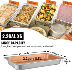 6-pak dampbordsgryder, 20,9 x 12,8 x 2,6 tommer. Stort 8,5L rustfrit stål madbeholder og ovnbakke til hotel. Nem madlavning og opbevaring!