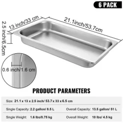 6-pak dampbordsgryder, 20,9 x 12,8 x 2,6 tommer. Stort 8,5L rustfrit stål madbeholder og ovnbakke til hotel. Nem madlavning og opbevaring!