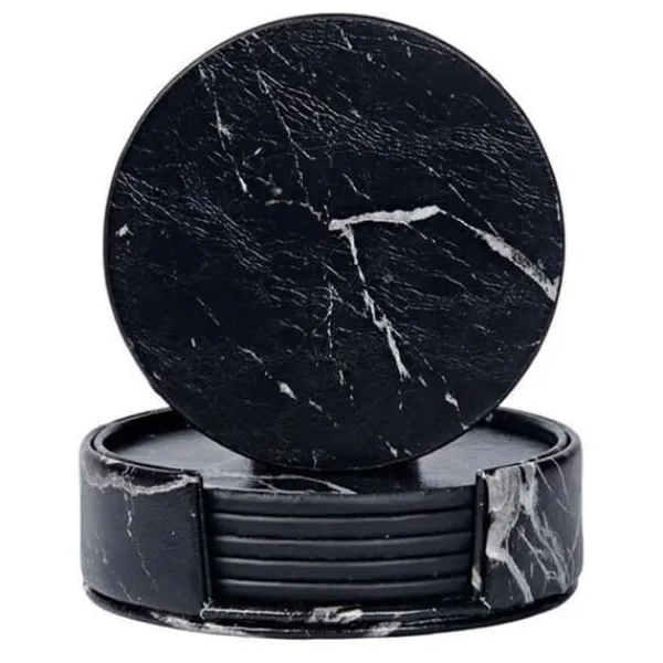 6-pakning Reversible Glass Pads Black Marble Pu med Holder Best