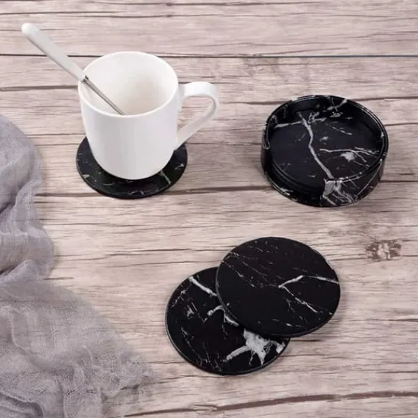 6-pakning Reversible Glass Pads Black Marble Pu med Holder Best