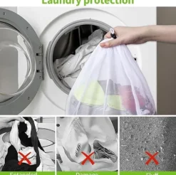 4-pakVasketøjsposer med finmasket net, Vasketøjspose med snoreprop, Hvid