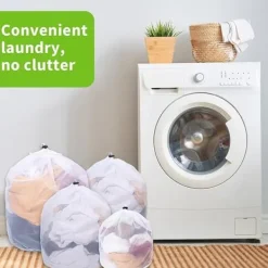 4-pakVasketøjsposer med finmasket net, Vasketøjspose med snoreprop, Hvid