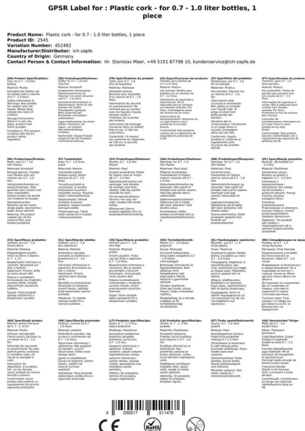 Flaskepropper>Plast knive kork til 0,7 - 1,0 liters flasker / 1 stk