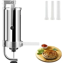 Madlavningsmaskiner>Pølsestopper i 5 lbs/3L kapacitet, lavet af 304 rustfrit stål, med 3 fyldrør og manuel håndsving. Ideel til husholdning eller erhverv.