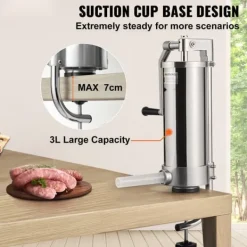 Madlavningsmaskiner>Pølsestopper i 5 lbs/3L kapacitet, lavet af 304 rustfrit stål, med 3 fyldrør og manuel håndsving. Ideel til husholdning eller erhverv.