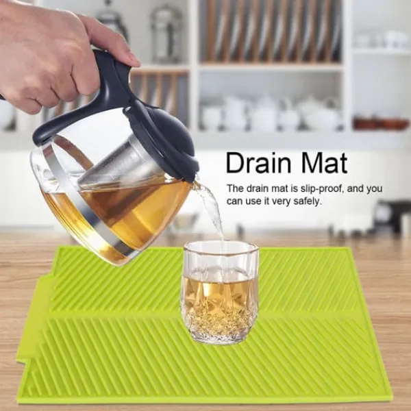 Måtter & Gitter Til Køkkenvaske>Rektangulær Silikone Afløbsmåtte Tørremåtte Varmebestandig Skridsikker Bakke (Grøn)