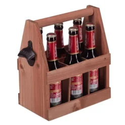 Vinflaskeholdere>Robust ølbærer i træ med flaskeåbner