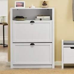 Tøj- & Garderobeopbevaring>Rootz hvidt skoskab med 2 klapper - Skovipper - Skokommode - Robust MDF-konstruktion - Ekstra opbevaringsrum - Kan monteres på væggen - 80 cm x 110 cm | CDON