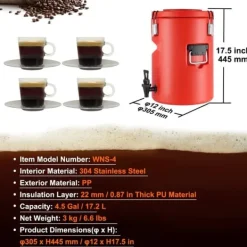 Rustfrit stål isoleret dispenser, 4,5 gallon (17,2 liter) til varme og kolde drikke. Perfekt til te og kaffe i restauranter. New