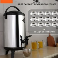 Rustfrit stål, isoleret drikkevaredispenser 7,6 liter; perfekt til varm/kold te, kaffe, vand — ideel til restauranter og cafeer.
