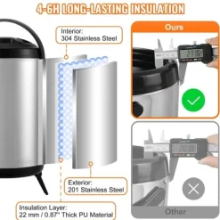 Rustfrit stål, isoleret drikkevaredispenser 7,6 liter; perfekt til varm/kold te, kaffe, vand — ideel til restauranter og cafeer.