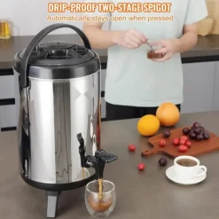 Rustfrit stål, isoleret drikkevaredispenser 7,6 liter; perfekt til varm/kold te, kaffe, vand — ideel til restauranter og cafeer.