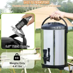 Rustfrit stål, isoleret drikkevaredispenser 7,6 liter; perfekt til varm/kold te, kaffe, vand — ideel til restauranter og cafeer.